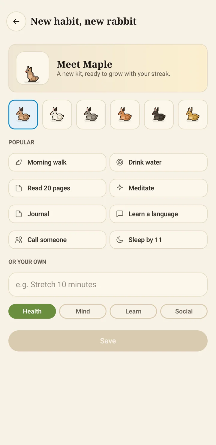 The new-habit screen, asking for a name, a schedule and a time of day.