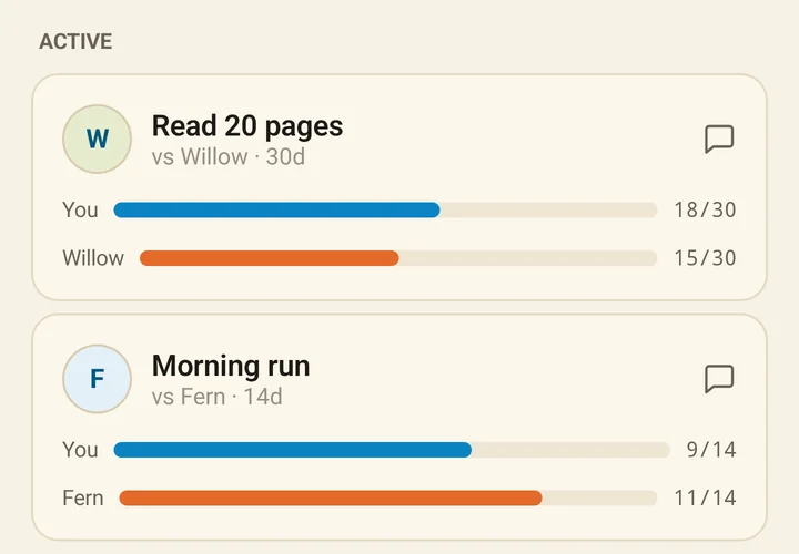 Two running challenges: reading twenty pages, eighteen days done against a friend's fifteen, and a morning run at nine days against eleven.