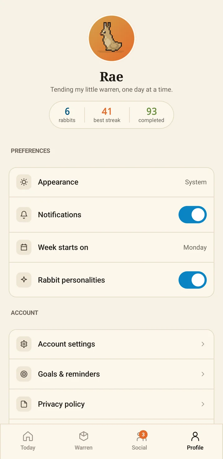 The Profile screen: six rabbits, a best streak of forty-one days, ninety-three completions, and the preference rows below.